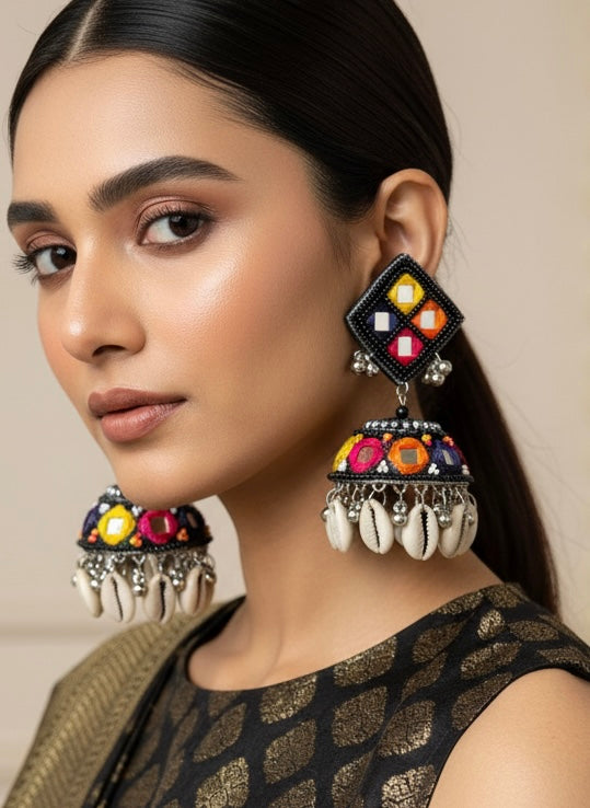 Navrang Mirror Handmade Beaded Jhumka Earrings