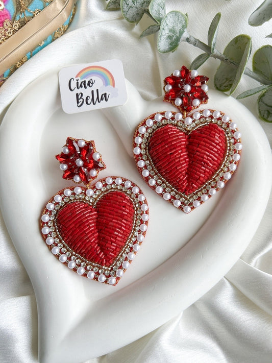 Ishqiya Red Heart Drop Handmade Beaded Earrings