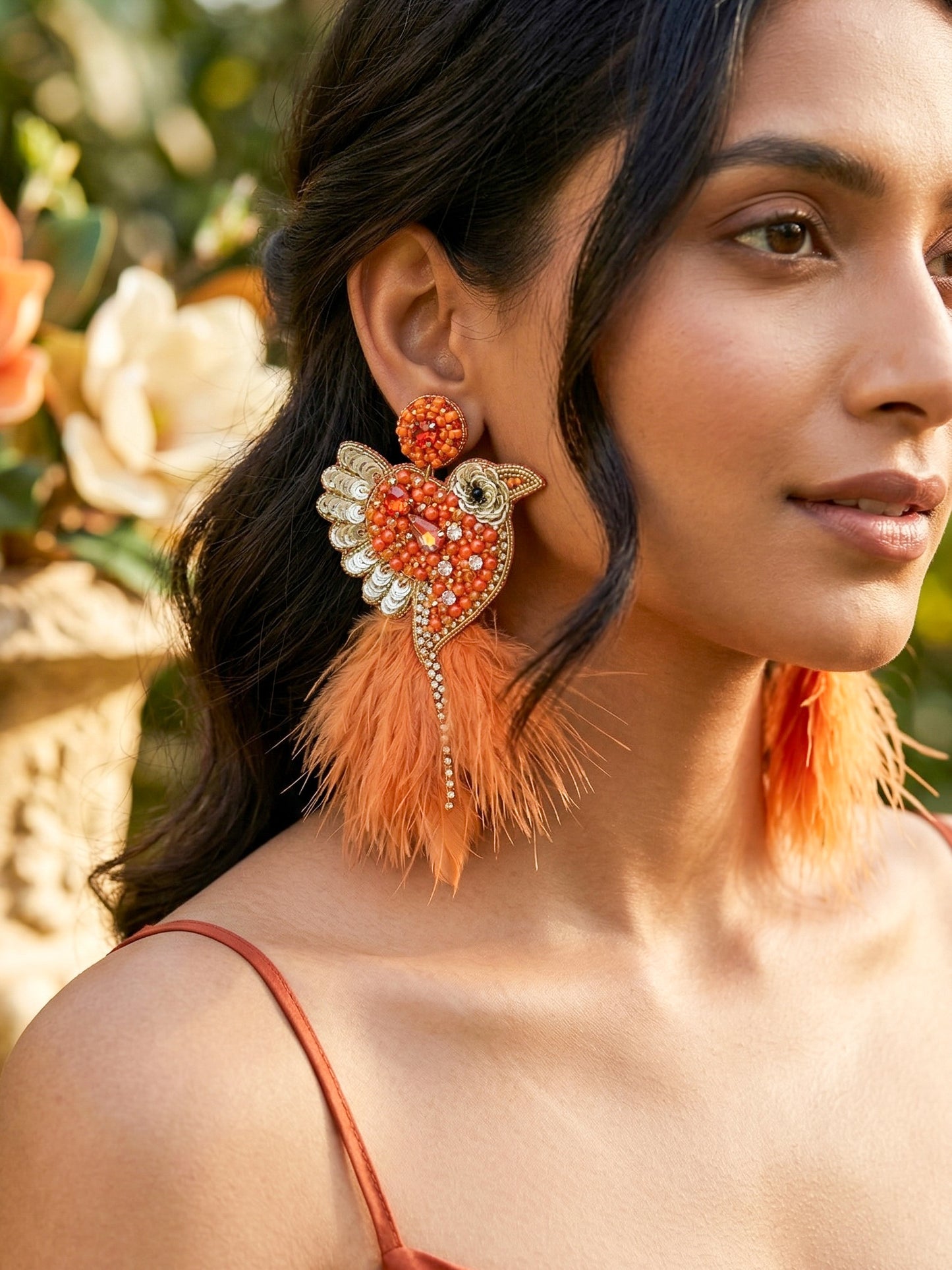 Glamorous Orange Birdies Handmade Beaded Bird Earrings