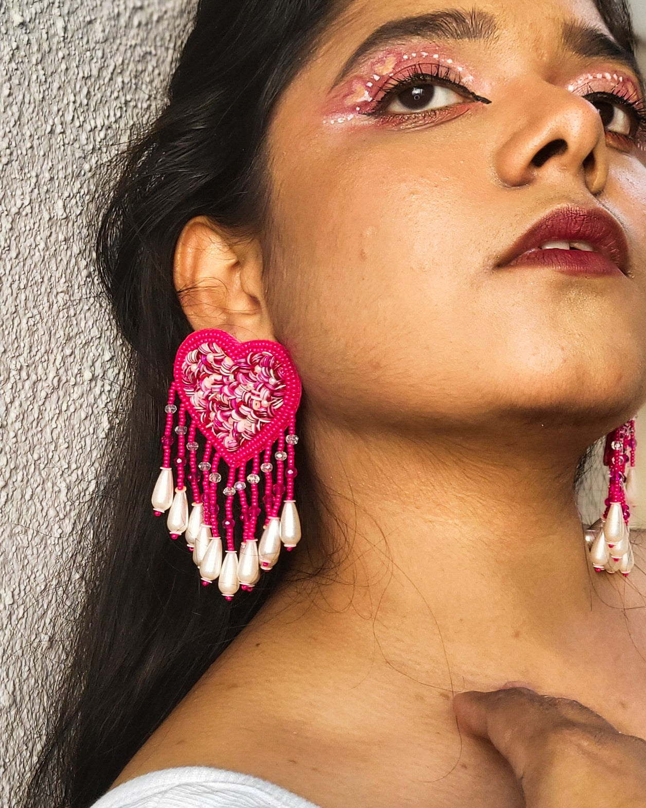 Hot Pink Heart Drop Handmade Beaded Tassel Earrings