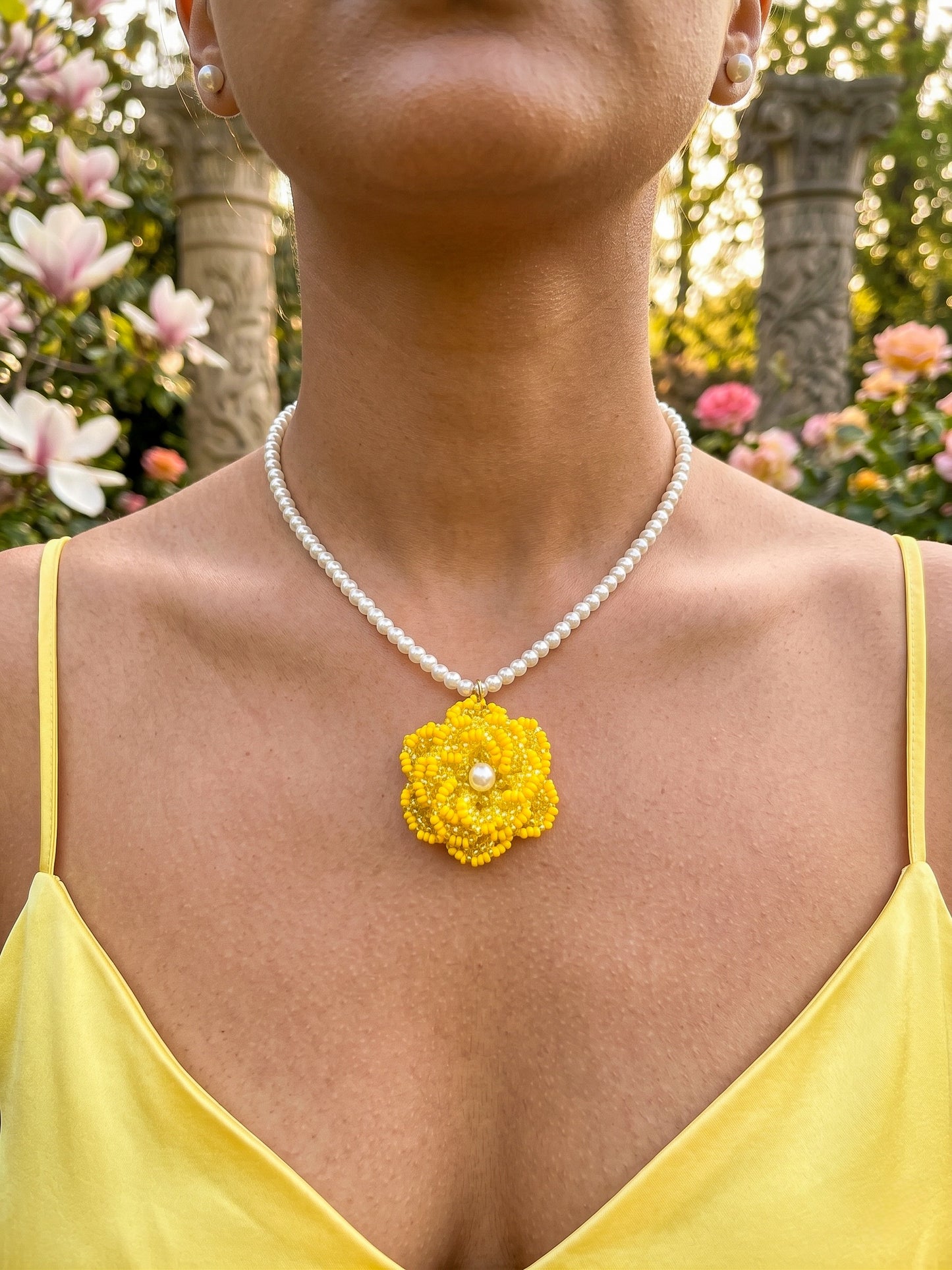 Crochet Yellow 3D Rose Flower Handmade Beaded Necklace