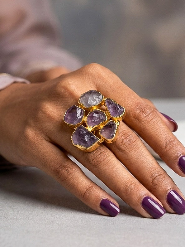 Amethyst Natural Stone Handmade Brass Ring