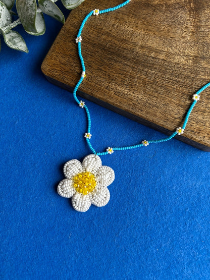 Spring Bloom Blue White Daisy Handmade Beaded Necklace