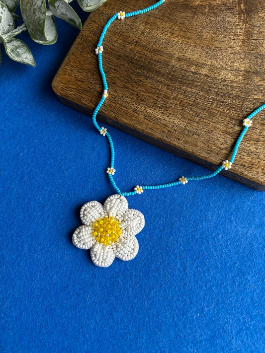 Spring Bloom Blue White Daisy Handmade Beaded Necklace