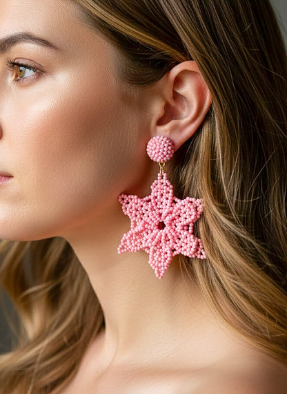 Blush Pink Delicate Snowflake 3D Crochet Handmade Beaded Earrings