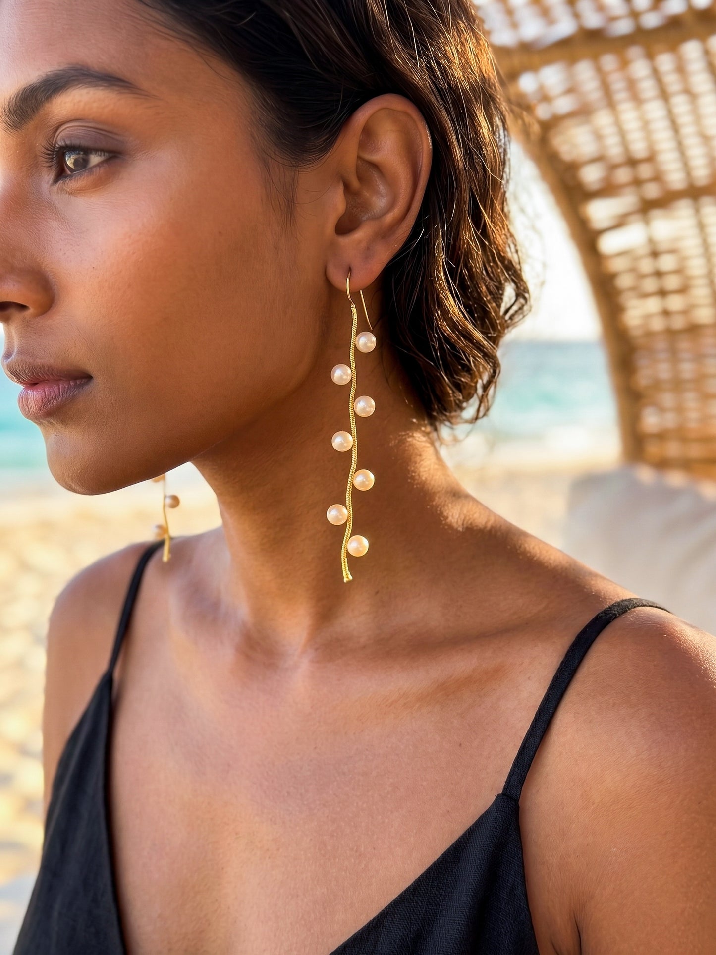 Golden Pearl Trail Handmade Brass Earrings