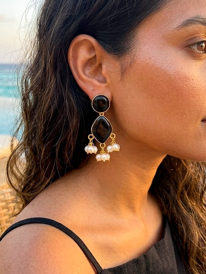 Gem Drop – Black Handmade Brass Earrings