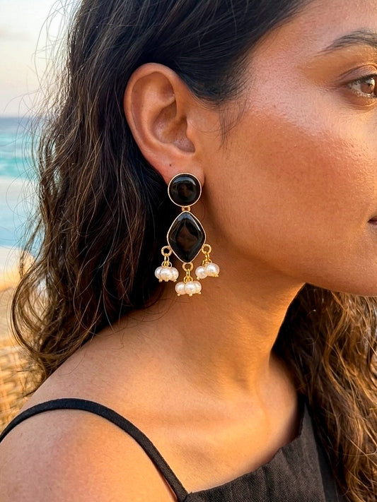 Gem Drop – Black Handmade Brass Earrings