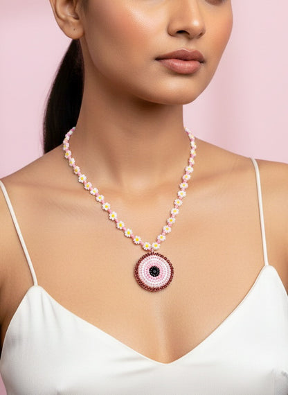 Blush Pink Evil Eye Handmade Beaded Necklace