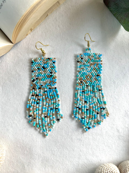 Aqua Whisper Handmade Beaded Tassel Earrings