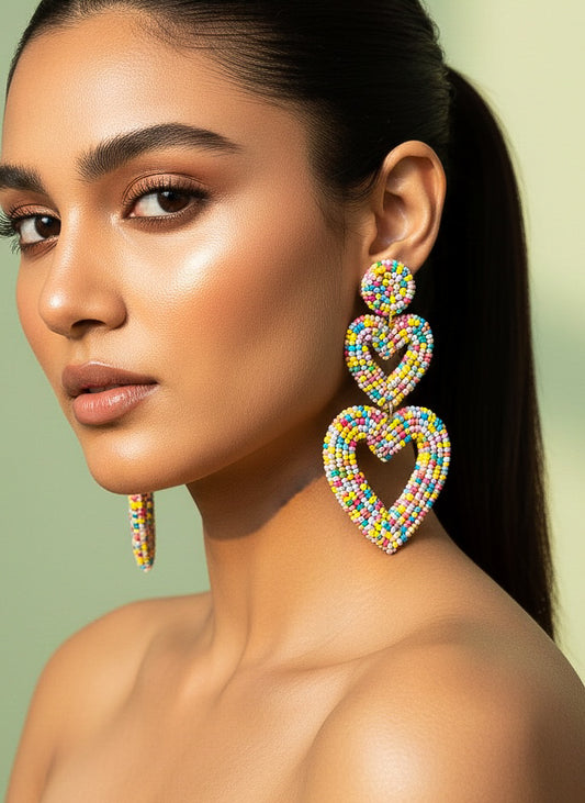 Rainbow Confetti Handmade Beaded Heart Shape Earrings