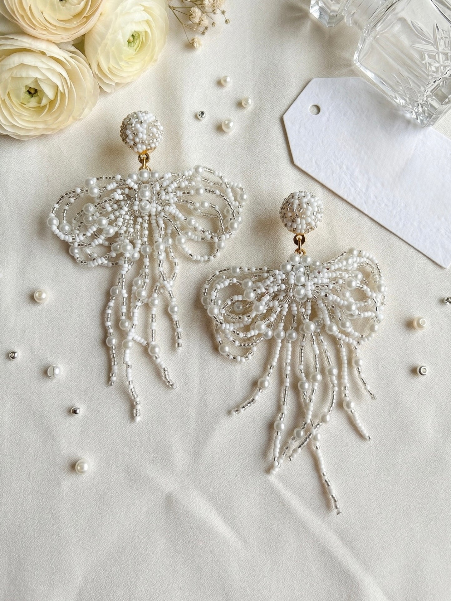 Pookie Bow (White) Handmade Beaded Earrings