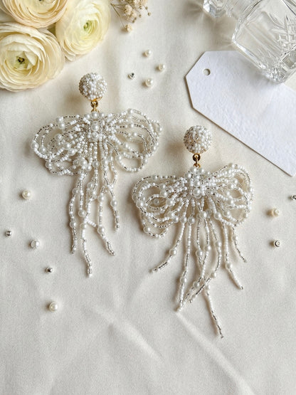 Pookie Bow (White) Handmade Beaded Earrings