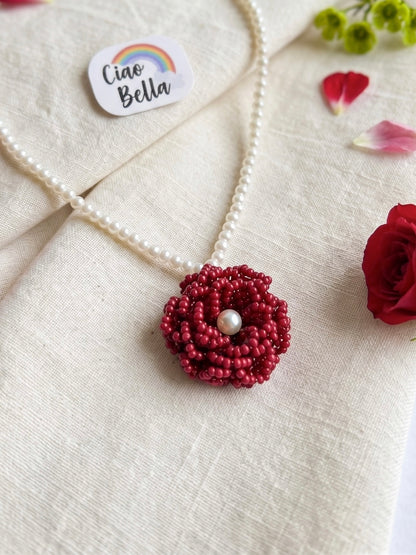 Crochet Deep Red 3D Rose Flower Handmade Beaded Necklace