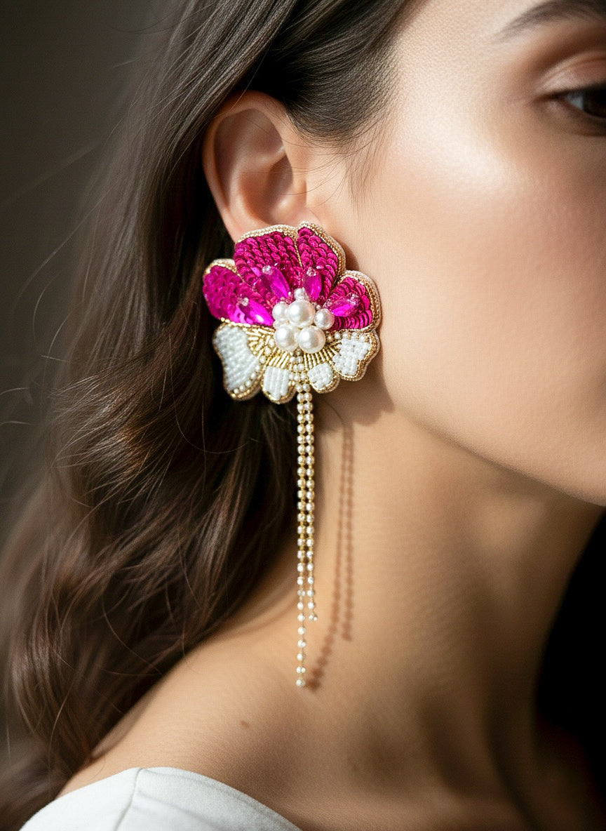 Floral Fiesta Pink Handmade Beaded Flower Earrings