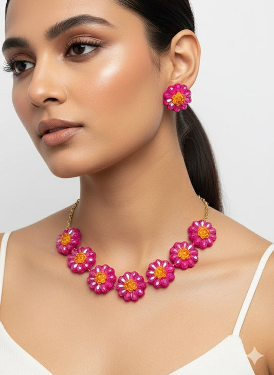 Sparkling Hot Pink Daisy Handmade Beaded Necklace + Earrings Set