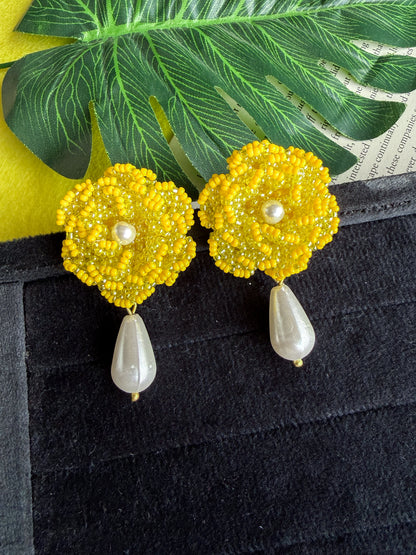 Crochet Yellow 3D Rose Pearl Drops Flower Handmade Beaded Earrings