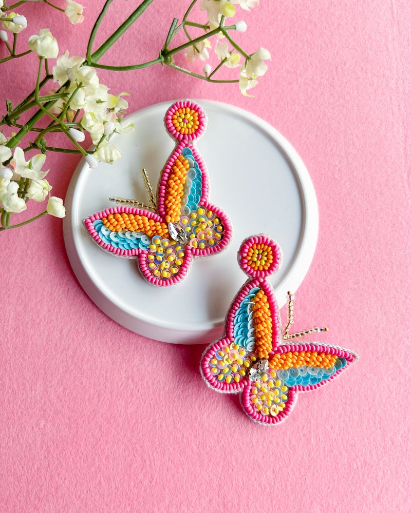 Sun-Kissed Pink Handmade Beaded Butterfly Earrings