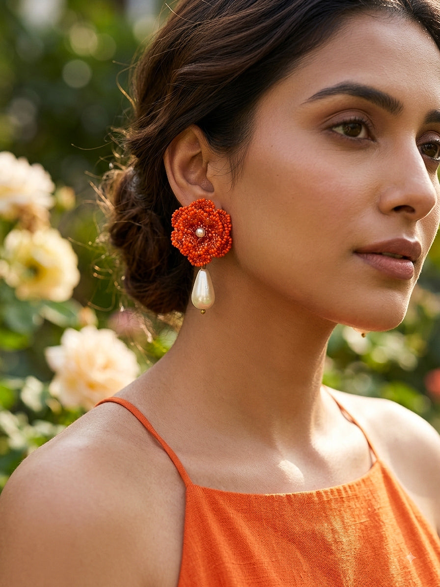 Crochet Orange 3D Rose Pearl Drops Flower Handmade Beaded Earrings