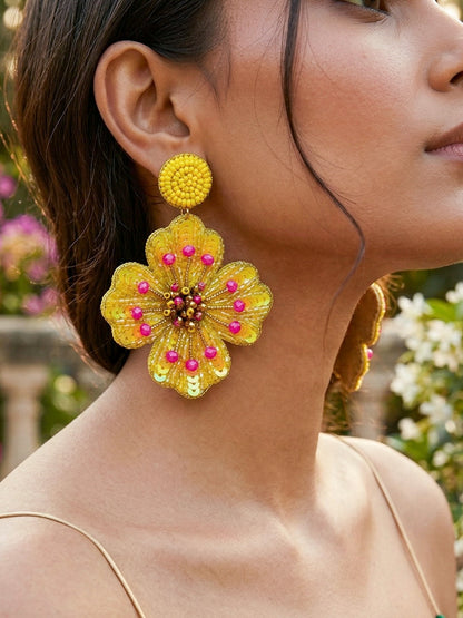 Sunny Glow Yellow Flower Handmade Beaded Earrings