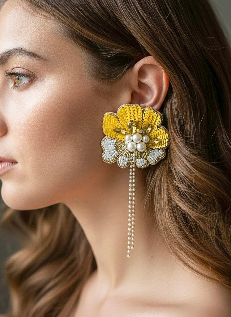 Floral Fiesta Yellow Handmade Beaded Flower Earrings