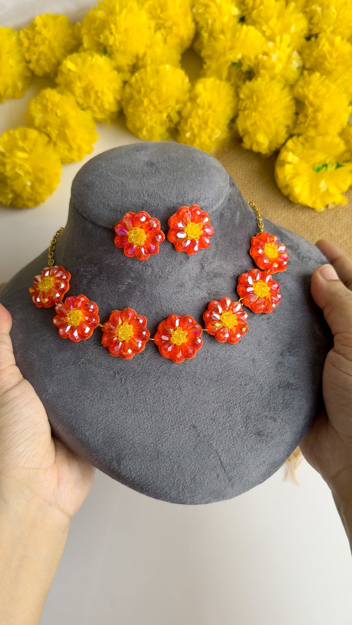 Sparkling Orange Daisy Flower Handmade Beaded Necklace + Earrings Set