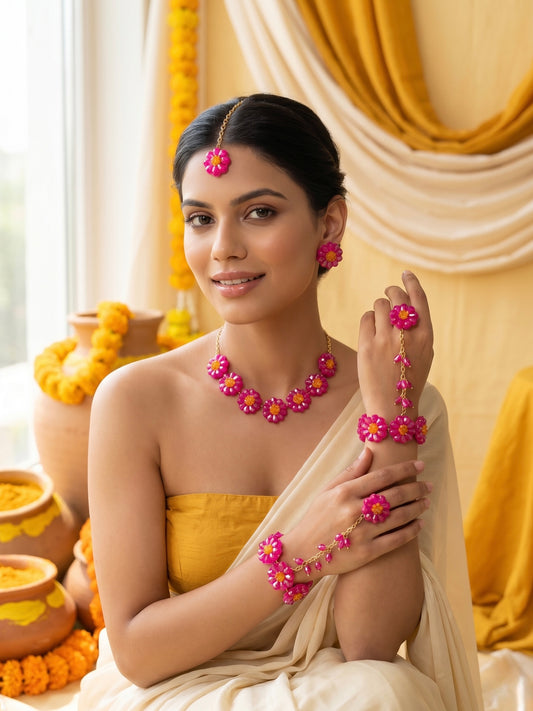 Sparkling Hot Pink Daisy Handmade Beaded Haldi Jewellery Set (Necklace + Earrings + Hathphools + Maangtika)