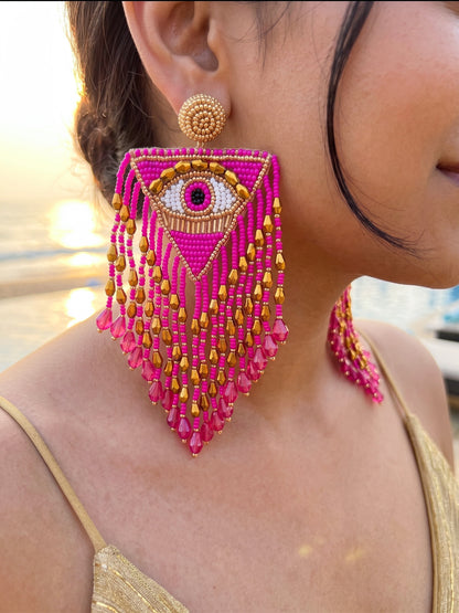 Luxe Evil Eye Hot Pink Handmade Beaded Tassel Earrings