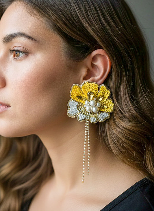 Floral Fiesta Yellow Handmade Beaded Flower Earrings