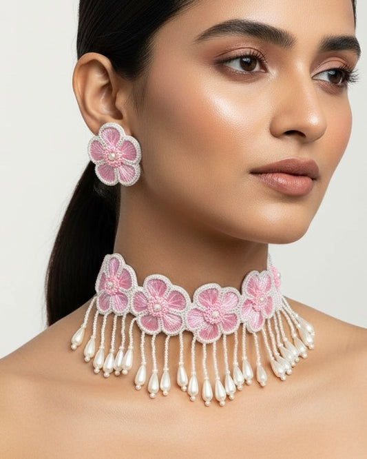 Pink Blossom Handmade Choker Necklace + Earrings Set