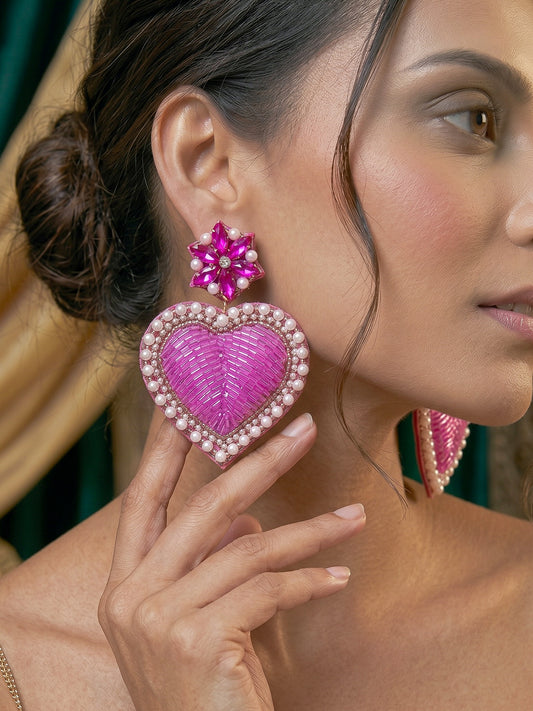 Ishqiya Pink Heart Drop Handmade Beaded Earrings