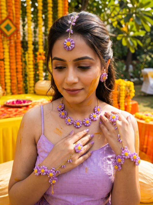 Sparkling Lilac Purple Daisy Handmade Beaded Haldi Jewellery Set (Necklace + Earrings + Hathphools + Maangtika)