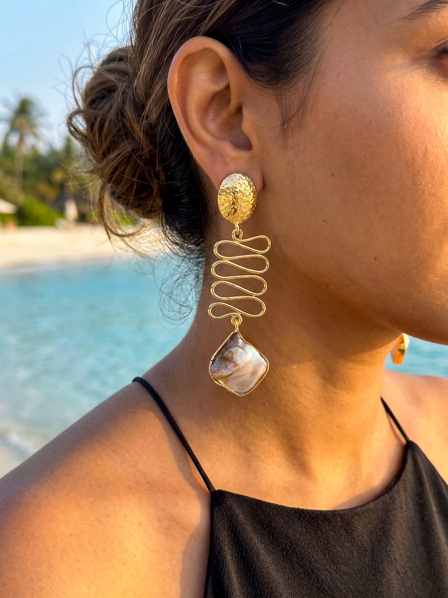 Wavy Mother of Pearl Drop Handmade Brass Earrings