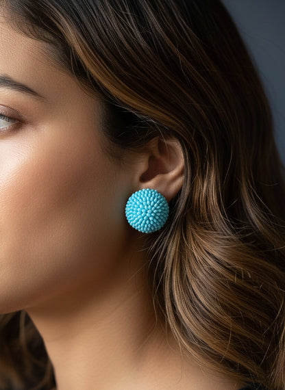 Aqua Blue Round Handmade Beaded Stud Earrings