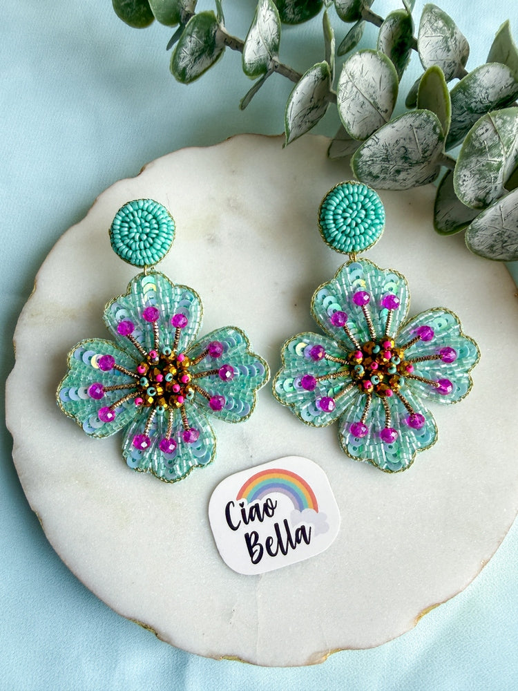 Ocean Teal Glow Blue Flower Handmade Beaded Earrings
