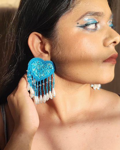 Aqua Blue Heart Drop Handmade Beaded Tassel Earrings