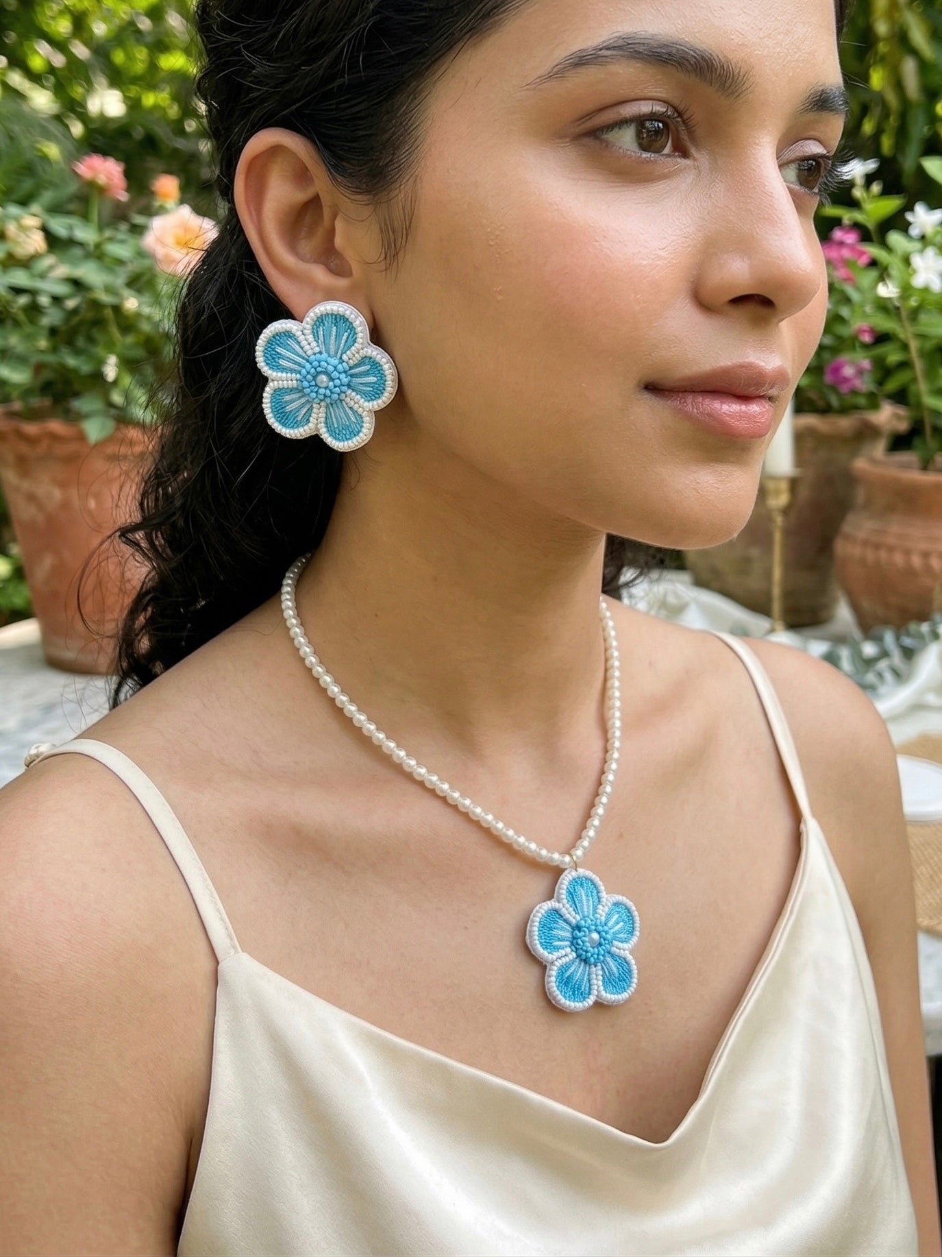 Aqua Blue Blossom Flower Handmade Beaded Necklace + Earrings Set