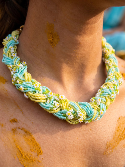 Luxe Flora Light Blue Yellow Handmade Beaded Necklace + Earrings Set