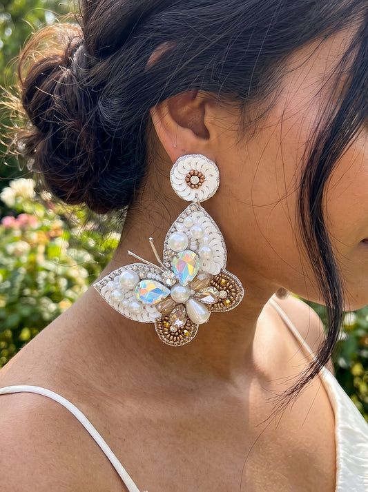 Luxe Crystal White Handmade Beaded Butterfly Earrings