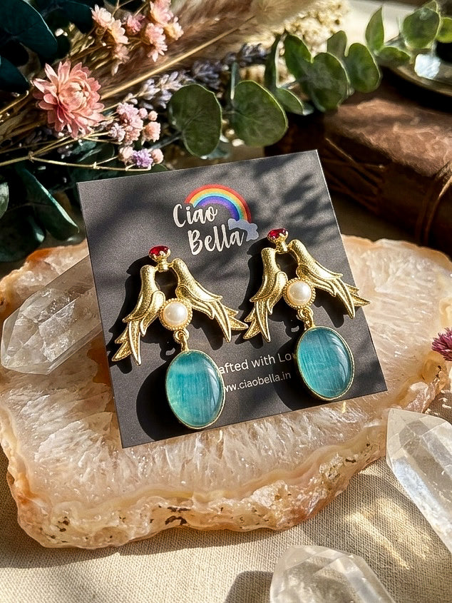 Love Birds Aqua Blue Monalisa Stone Handmade Brass Earrings