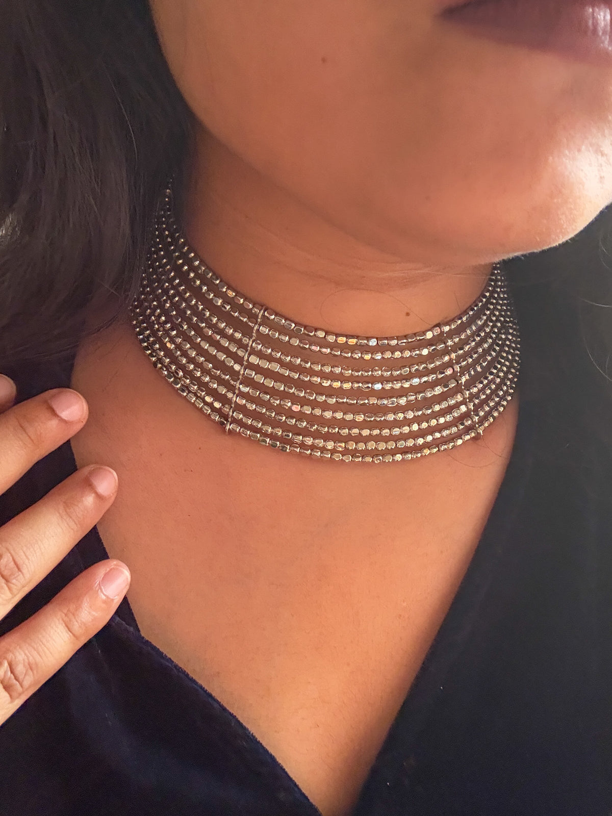 Myra Silver Beaded Handmade Hasli Necklace