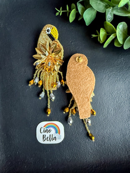 Luxe Paradise Golden Parrot Earrings Handmade Beaded Bird Earrings