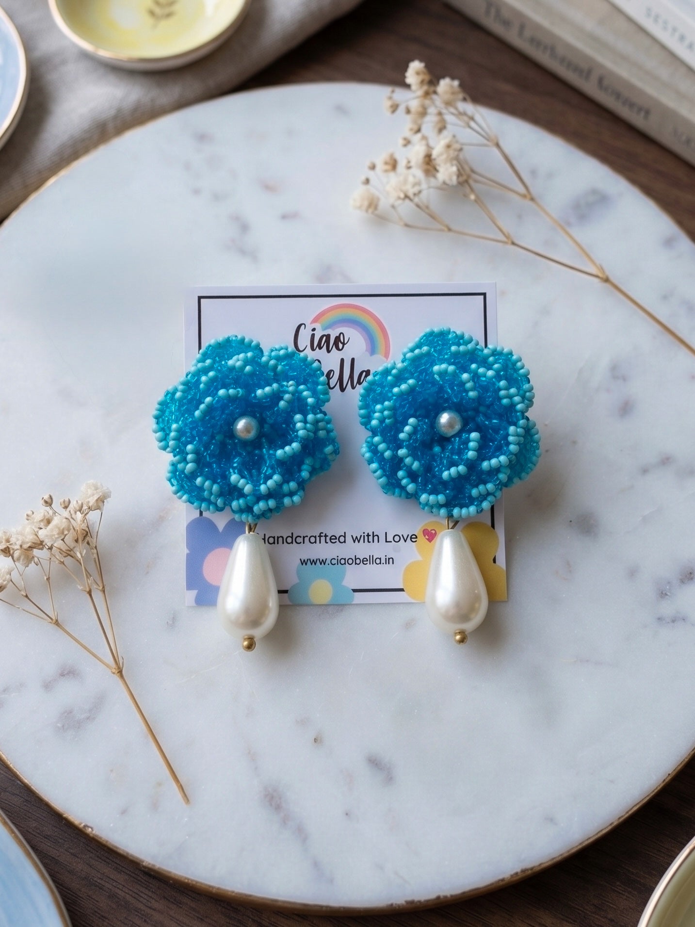 Crochet Aqua Blue 3D Rose Pearl Drops Flower Handmade Beaded Earrings