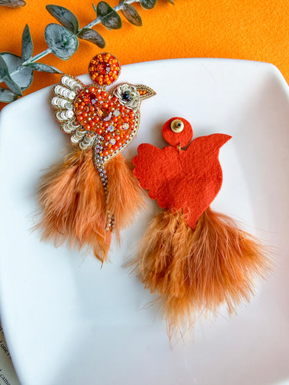 Glamorous Orange Birdies Handmade Beaded Bird Earrings