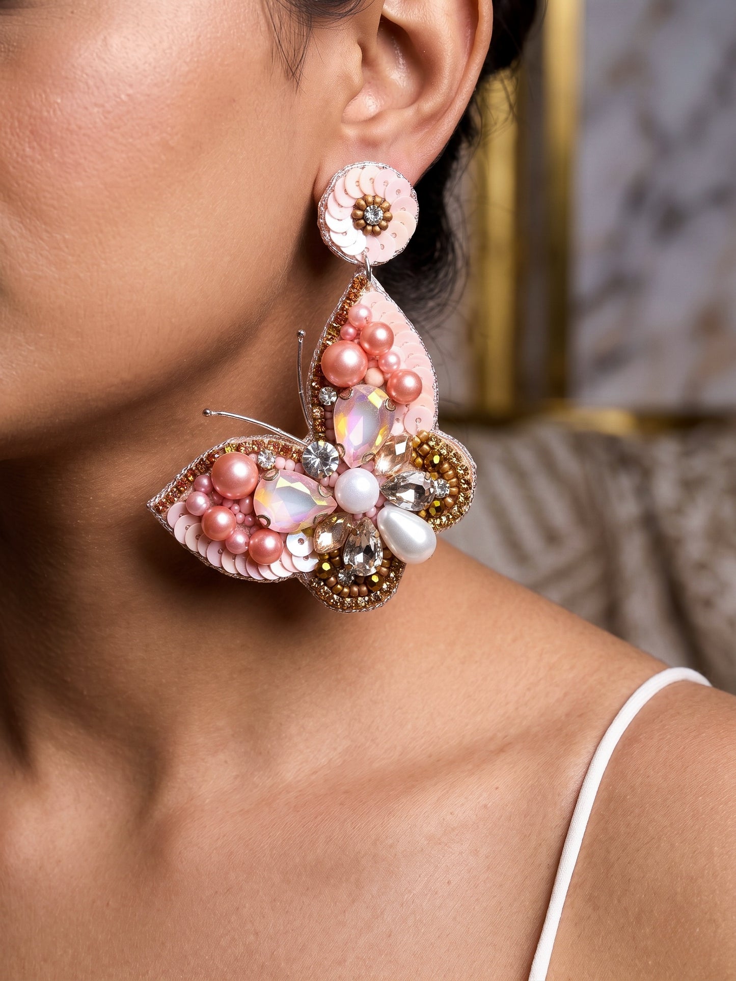 Luxe Crystal Peach Handmade Beaded Butterfly Earrings