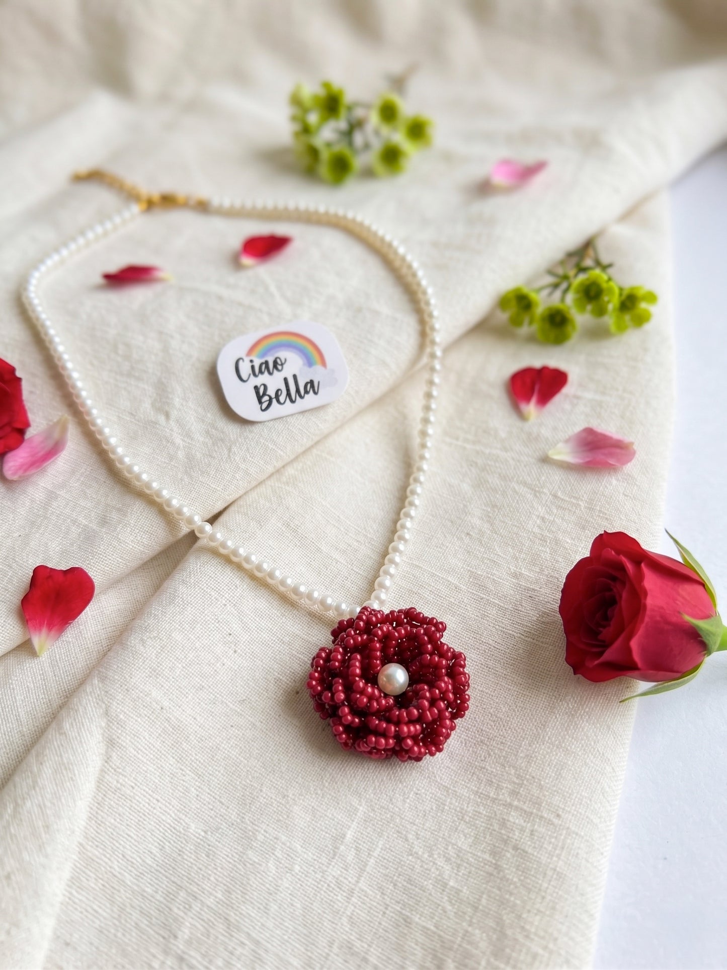 Crochet Deep Red 3D Rose Flower Handmade Beaded Necklace