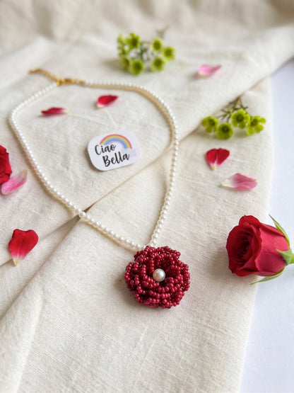 Crochet Deep Red 3D Rose Flower Handmade Beaded Necklace