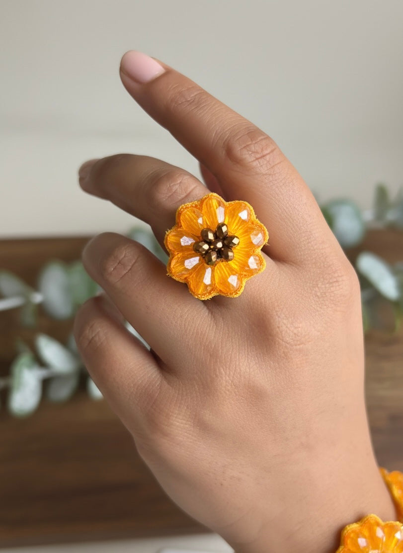 Sunflower Sparkle Handmade Beaded Flower Ring
