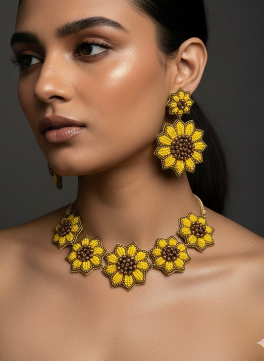 Sunflower Handmade Beaded Necklace + Earrings Set