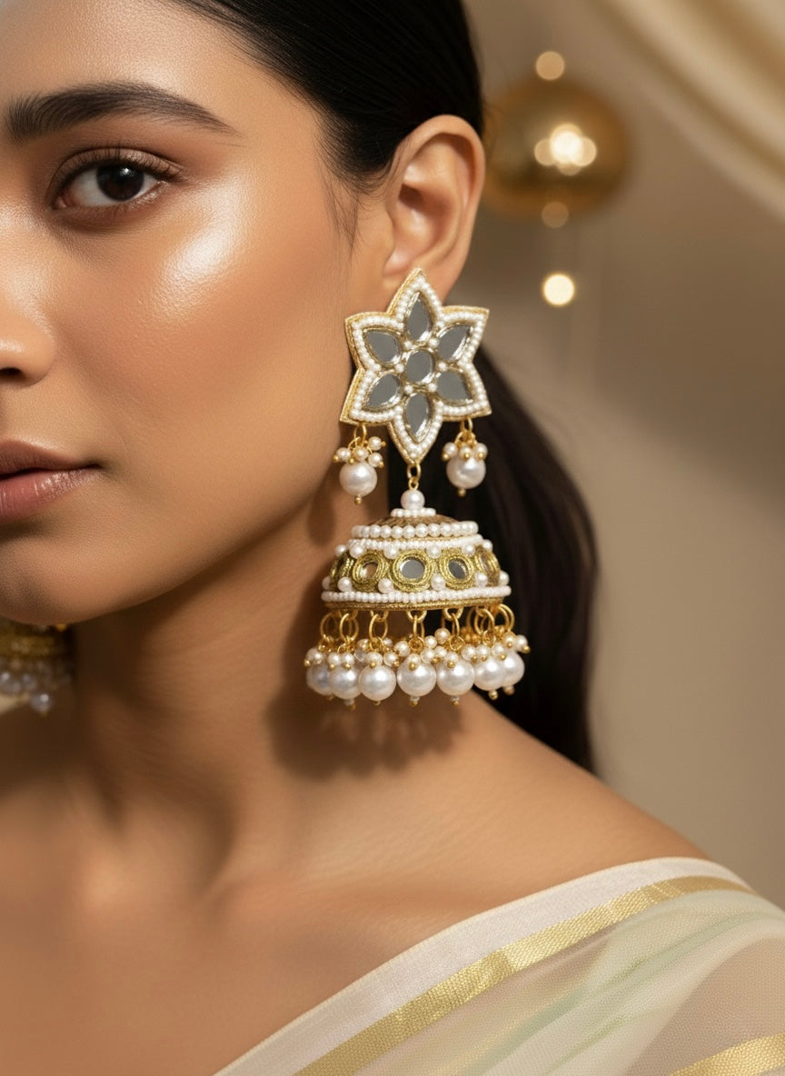 Noor Mirror Handmade Beaded Jhumka Earrings